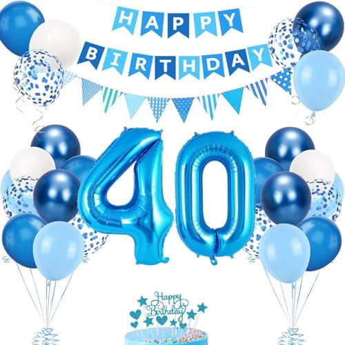 40. Geburtstag Deko Blau, Luftballon 40. Geburtstags, Geburtstagsdeko 40 Jahr, Mädchen 40 jahre Geburtstags Deko-Set, Zahl 40 Luftballons Tortendeko Blau Weiß Ballons für Geburtsta