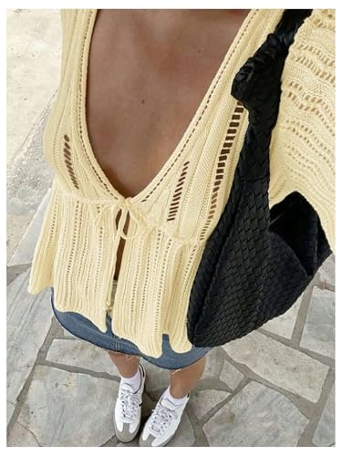 SOLY HUX Women's Crochet Knitted Cardigan Bow Tie Front Deep V Neck Half Sleeve Hollow Out Sweater Tops3