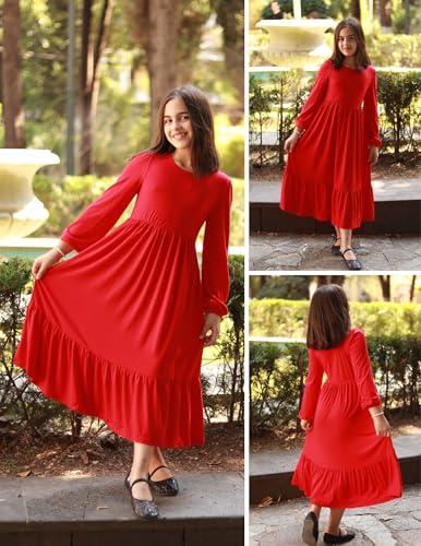 Image of Arshiner Girls Maxi Dresses Lantern Long Sleeve Casual Holiday Dress with Pockets for 5-14 Y
