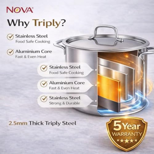 Image of NOVA Premium Triply Stainless Steel Casserole | Insulated Hot Pot with Lid 26CM | Heat Retention Technology | Food Storage & Serving Casserole | Durable Mirror Finish | Kitchen & Dining Essential