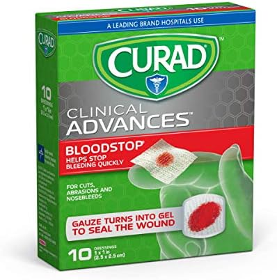 Curad Bloodstop Hemostatic Gauze, Helps Stop Bleeding Quickly, 1" x 1", 10 Count