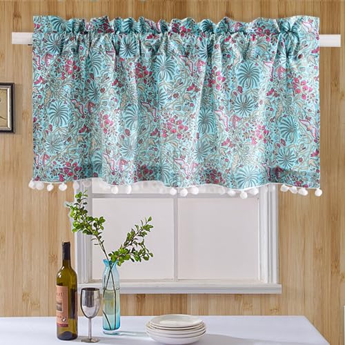 Image of Ravaiyaa - Attitude is everything Hand Printed Half Window Kitchen Curtain 100% Cotton Short Drapery Valance Curtain 40 inch X 18 inch Inch (Turquoise Floral)