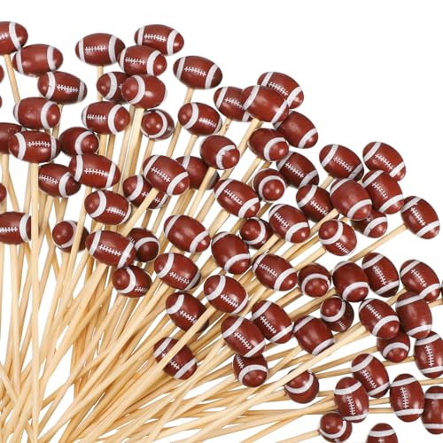FoldTier 500 Pcs Football Toothpicks 4.72 Inch Bamboo Cocktail Picks for Appetizers Decorative Sports Ball End Cocktail Skewers Wooden Fruit Cupcake Toppers Sandwich Buffets Party Supplies
