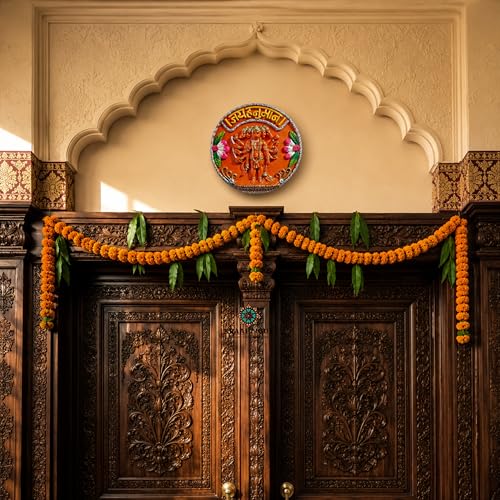 Image of Sindoori Panchmukhi Hanuman Round Marble Dust Wall Hanging | Hanuman Ji Wall Decoration Murti for Mandir, Living Room, Door Entrance & Vastu Purpose (6.5 inch)