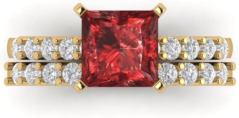 Clara Pucci Garnet Solitaire with Accents 14K Yellow Gold Ring & Zirconia Stacking Band Anniversary Set (2.63 cttw, 7.0mm, Princess Cut)