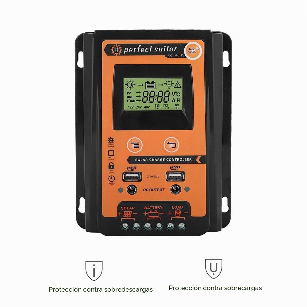 Controlador solar MPPT 12V/24V 30A50A Panel solar Controlador de batería USB dual Pantalla LCD IP32 Adecuado para automóviles y motocicletas o pequeños electrodomésticos (30A)