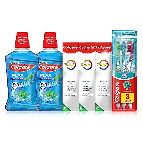 Colgate Total Oral Care Bundle, 3 x Colgate Total Toothpaste, 2 x Colgate Plax Mouthwash, 3 pack Colgate Max White Manual Toothbrush, cavity protection, instant fresh breath, teeth whitening