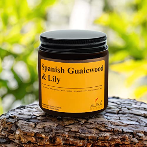 Image of AuraDecor Spanish Guaiacwood & Lily Scented Jar Candle | 100gm Handpoured Soy Wax Candle with Long Burn Time | Premium Amber Jar Aromatherapy Candle | Best Gift for Home & Decor