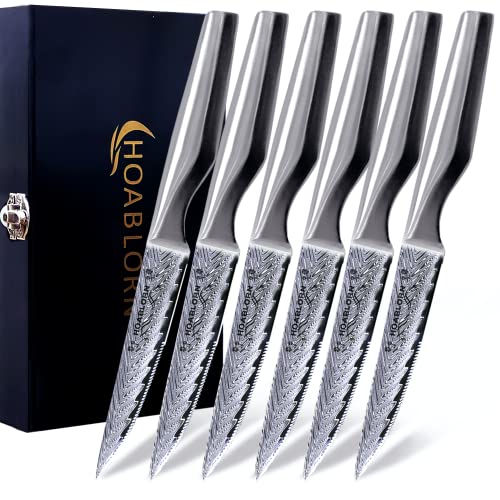 HOABLORN Juego de 6 Cuchillos de Carne, Cuchillos Carne Cuchillos de Mesa, Juego Cuchillos de Carne de Acero Inoxidable, Cuchillos de Carne de Acero Inoxidable Alemán,con Cuchillos Sierra Mesa Cover
