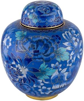 Azure Blue Cloisonne Cremation Urn for Ashes, Metal, Blue Enameled Urn, Adult Sized Cremation Urn, 9.5 Inches High