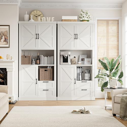 HOSTACK-76-Tall-Farmhouse-Kitchen-Pantry-Cabinet-Kitchen-Hutch-Bar-Cabinet-with-Drawers-Shelves-Large-Wood-Storage-Cabinet-with-Barn-Doors-Microwave-Stand-Cupboard-for-Dining-Room-White HOSTACK 76 Tall Farmhouse Kitchen Pantry Cabinet Kitchen Hutch Bar Cabinet with Drawers Shelves Large Wood Storage Cabinet with Barn Doors Microwave Stand Cupboard for Dining Room White