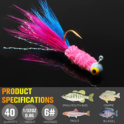 Dovesun Crappie Jigs, Jig Heads With Feather Hand-Tied Marabou Jigs Ice | Fly Fishing Lures 10 Colors 1/32Oz Fishing Hair Jigs For Panfish Sunfish Walleye #TOP5