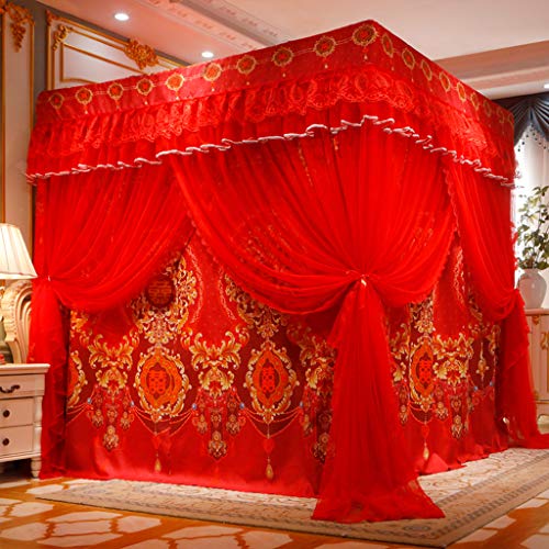Roter romantischer 4-Eckpfosten Moskitonetz mit luxuriösem Betthimmel, Vorhang, Baldachin, 2-in-1 für Mädchen, Frauen, Erwachsene, Hochzeit, Schlafzimmer, Kinderzimmer, Bettdekoration (rotes