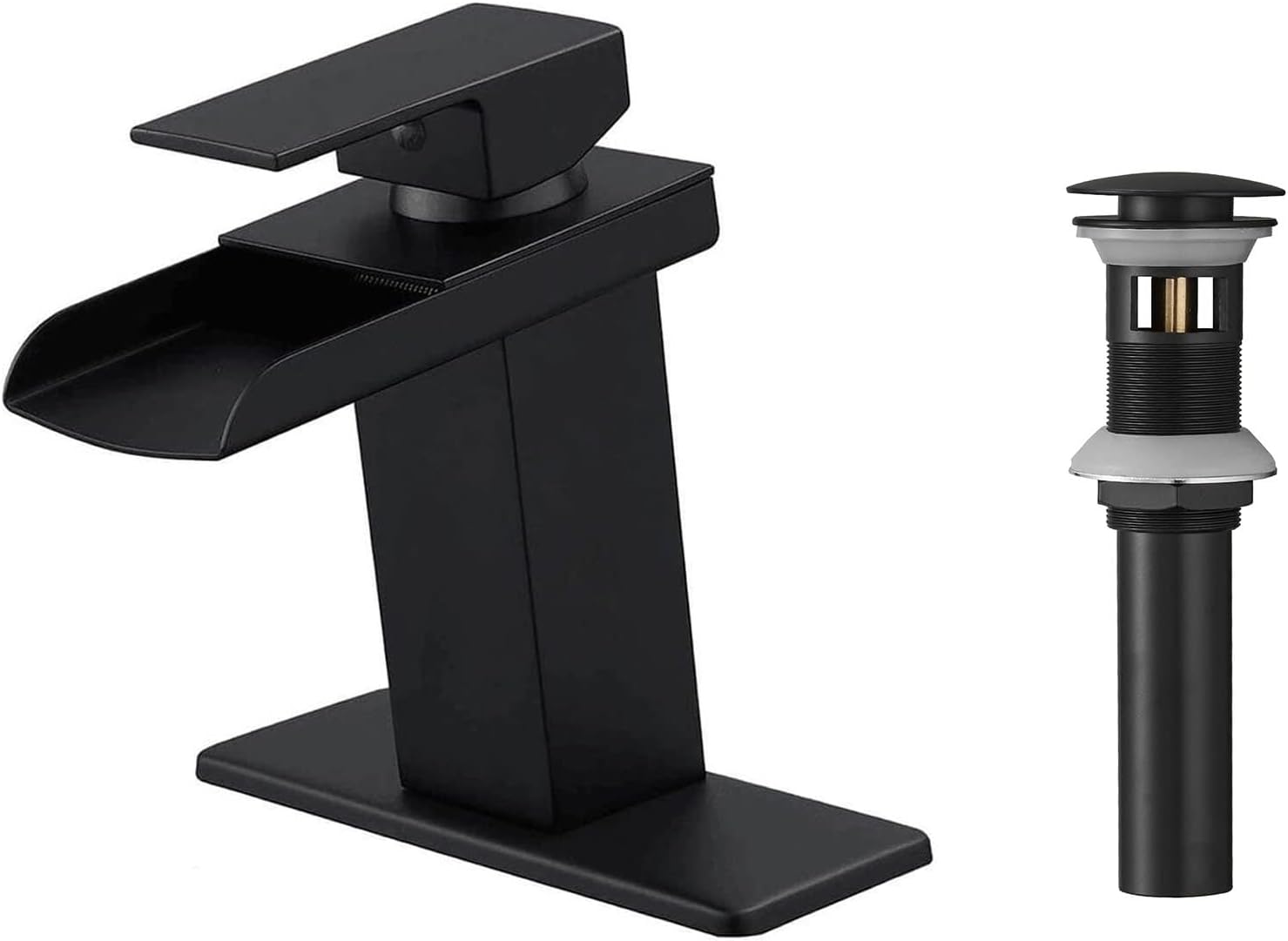 BWE Black Bathroom Faucet with Supply Line Lead-Free Waterfall Single Handle One Hole Bundle with Black Vessel Sink Drain Bathroom Faucet Vessel Sink Pop Up Drain Stopper with Overflow