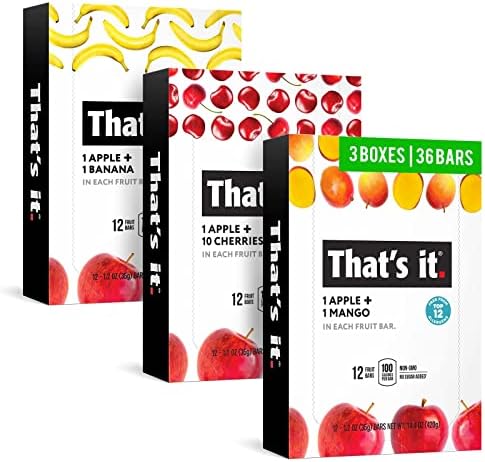 That’s it. Variety, 100% Natural Real Fruit Bar, High Fiber Vegan, Gluten Free Healthy Snack, Paleo for Children & Adults, Non GMO No Added Sugar, (Mango, Cherry, Banana) (36 Pack)