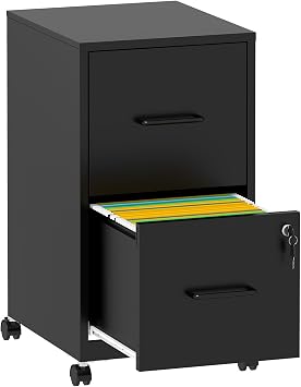 2 Drawer Mobile File Cabinet with Lock, Rolling Black Metal Filing Cabinet on Wheels, Lockable Under Desk Steel Vertical File Cabinets for Home Office, Letter/Legal/A4/F4, Assembly Required
