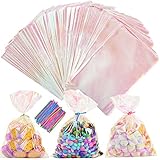 Lyellfe 200 Pieces Iridescent Holographic Cellophane Bags, Clear Treat Cookie Bags with Twist Ties,...