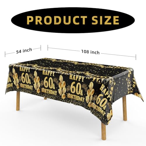 Image of Labeol 3 Pack 60th Birthday Tablecloth, Black and Gold Happy 60th Birthday Decorations, Disposable Plastic Rectangular Table Cover Party Supplies for Men Women