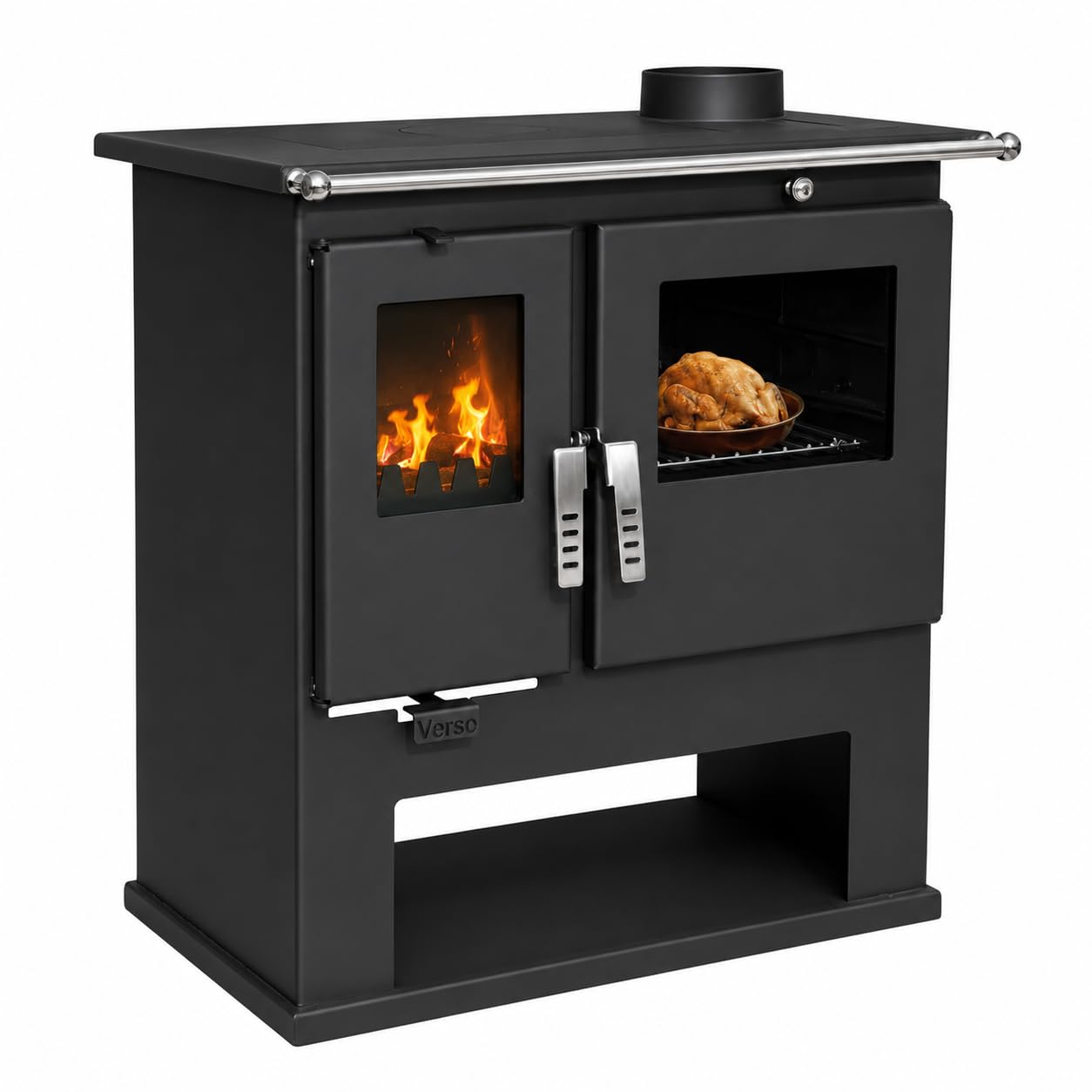 Verso CS Stufa a legna con forno 7,7 kW, 82,2% di alta efficienza, corpo in acciaio robusto, piano cottura in metallo e forno con termometro, riscaldamento per camino per 135-165 m³, scarico fumo da