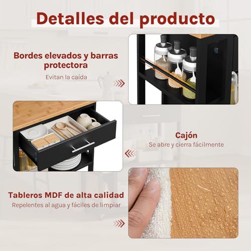 WOLTU Carrito Cocina de 3 Estantes y 1 Cajon Grande, Carro Camarera con Ruedas, Estanteria de Almacenamiento Estilo Moderno, para Cocina, Salón y Comedor, 73x38x88 cm, Color Bambú + Negro, RW051sz - imagen 5