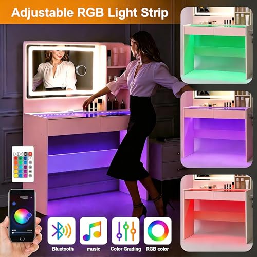 Image of Modern Makeup Vanity with LED Mirror, RGB Lighting, Glass Desktop and 2 Drawers, Small Space Vanity Desk for Women & Teen Girls, Pink Bedroom Dressing Table with Adjustable Lights