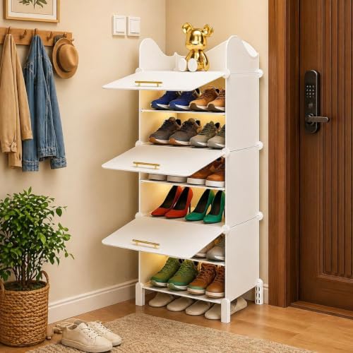 Image of Plastic Shoe Rack for Home with Door | 3-Shelf DIY Shoe Cabinet Organiser | Stores 12 Pairs | Foldable & Waterproof Shoe Stand for Entryway, Bedroom