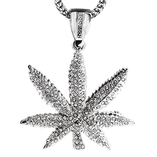 Bling Cartel Marijuana Silver Tone Iced Leaf Cannabis Pot Weed Pendant 36 in Franco Hip Hop Chain Necklace