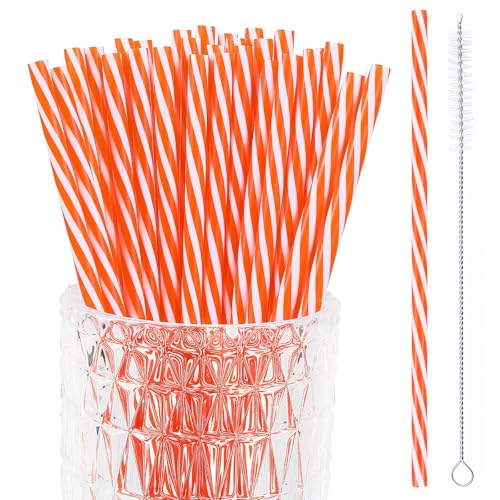 JANYUN 30 Pcs Orange and White Striped Straws 9 Inches Reusable Plastic Straws for 20 30 oz Tumblers Fall Thanksgiving Halloween Drinking Straws with Cleaning Brush for Smoothies Coffee Juice