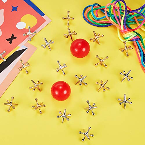 Gejoy 2 Sets Metal Jacks Game with Ball 2 Pieces Red Rubber Balls and 20 Pieces Classic Retro Vintage Jacks Toy for Kids and Adults for Birthday Party Board Game