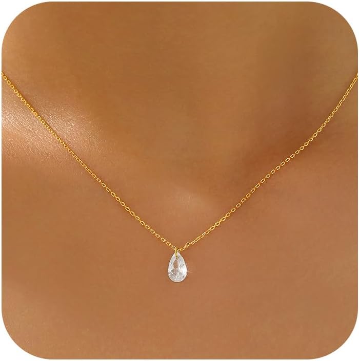 Teardrop Diamond Necklace for Women,925 Sterling Silver CZ Waterdrop Choker Necklace to Daughter 14k Gold Plated Dainty Solitaire Water Droplets Charm Necklaces Wedding Jewelry Gifts for Brides