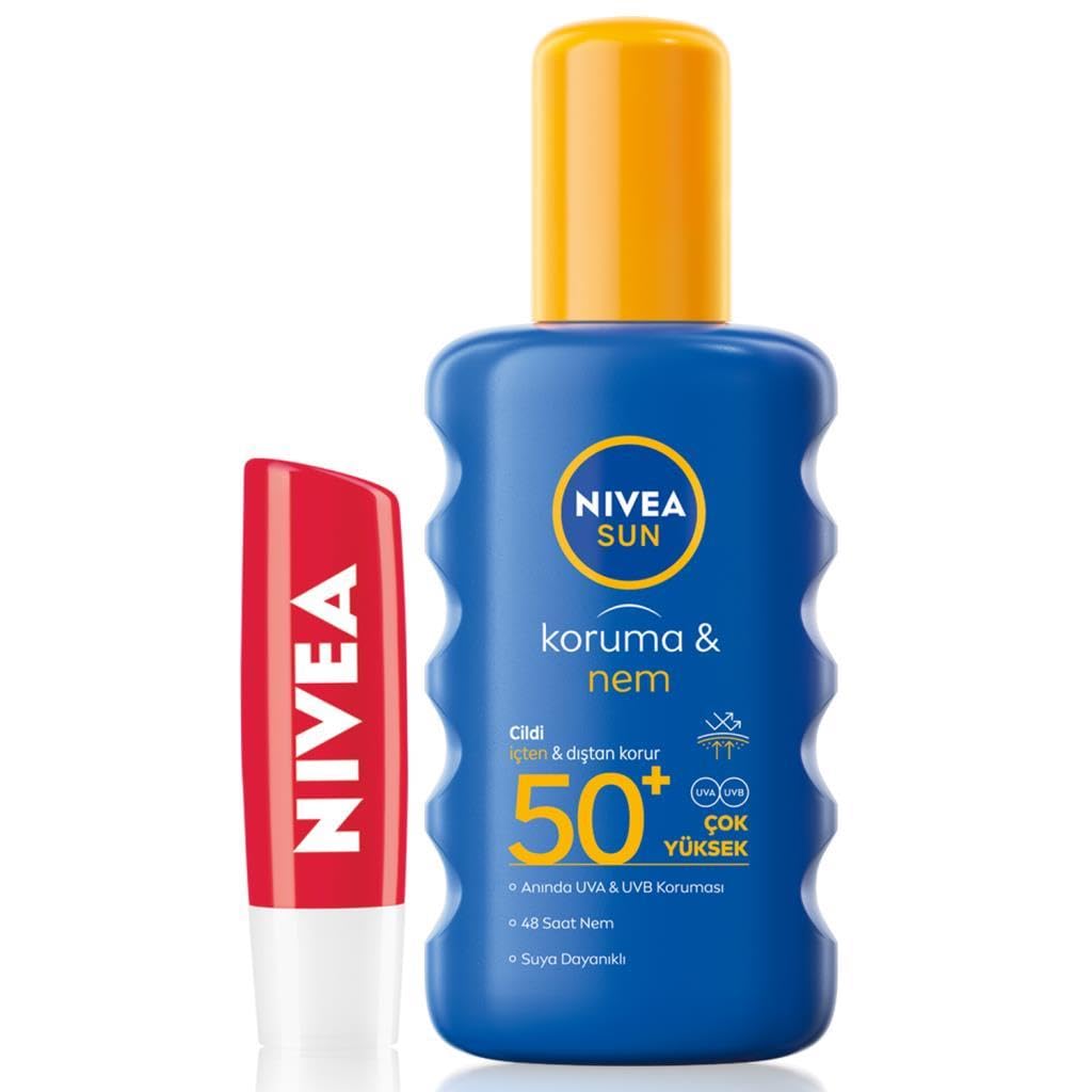 Nivea Güneş Koruyucu & Nemlendirici Sprey GKF 50 200 ml + Nivea Fruity Shine Çilek Dudak Kremi