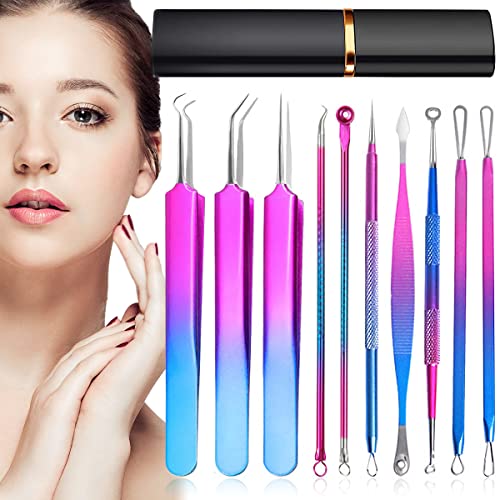 10pcs Blackhead Remover Tool Kit, Stainless Steel Pimple Popper Tool, Comedones Extractor for Forehead Face Nose Multifunction Acne Needle Tool with Metal Case for Travel Home Use
