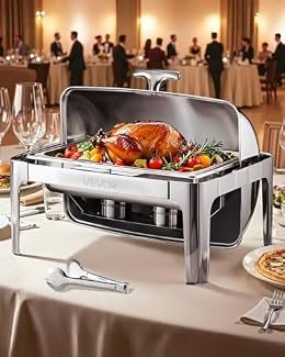 VEVOR Roll Top Chafing Dish Buffet Complete Set, 9Qt Stainless Steel Chafer with Full Size Pan, Rectangle Catering Warmer Server with Lid Water Pan Folding Stand Fuel Holder Meal Clip, Silver