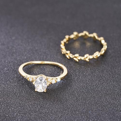 2pcs/set Gold Plated Cubic Zirconia Inlaid Wheat Leaf Design Stackable Engagement Ring Set Wedding Bridal Band Promise Rings Evening Parties Anniversary Valentine's Day Gifts Eternity Bands for Women2