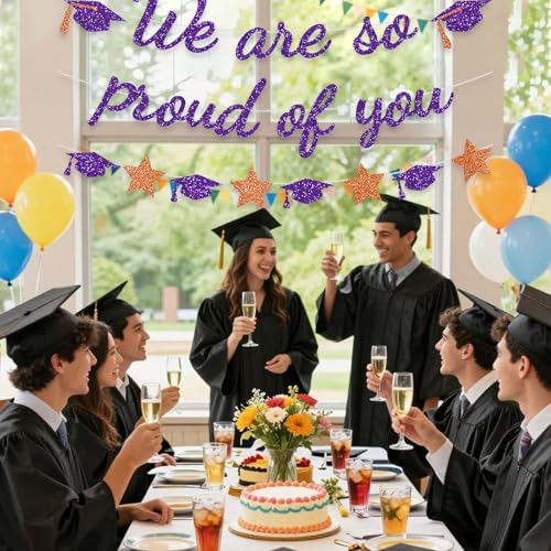 Image of We Are So Proud Of You Banner Graduation Party Decorations Glitter Congratulations Class Grad Ideas Purple Orange