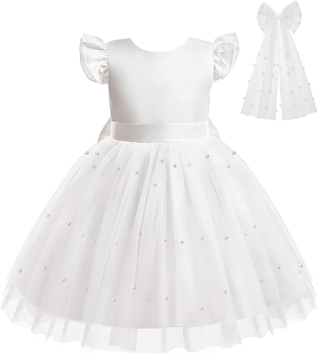 Flower Girl Dress with Headwear Ruffle Tulle Satin Party Birthday Bridesmaid Communion Pageant Prom Gown