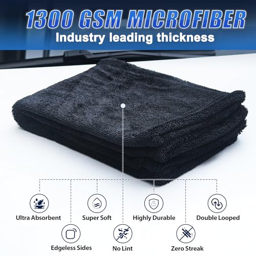 Image of Premium Car Drying Towel, 36x28 inch XL Microfiber Towel, 1300 GSM Microfiber Cleaning Cloth, Super Absorbent, Leaves No Streaks, Scratches, or Water Spots, Dries an Entire Vehicle, Black