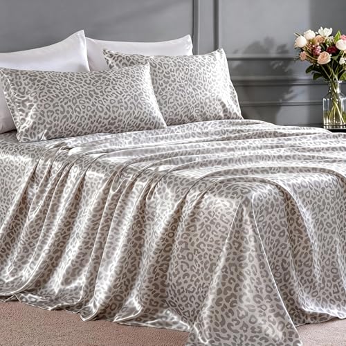 FreshCulture Satin Sheets Full Size - 4 Piece Luxury Soft Silky Full Size Bed Sheets, Similar to Silk Bed Sheet Set with 1 Deep Pocket Fitted Sheet, 1 Flat Sheet & 2 Pillowcases (Leopard)