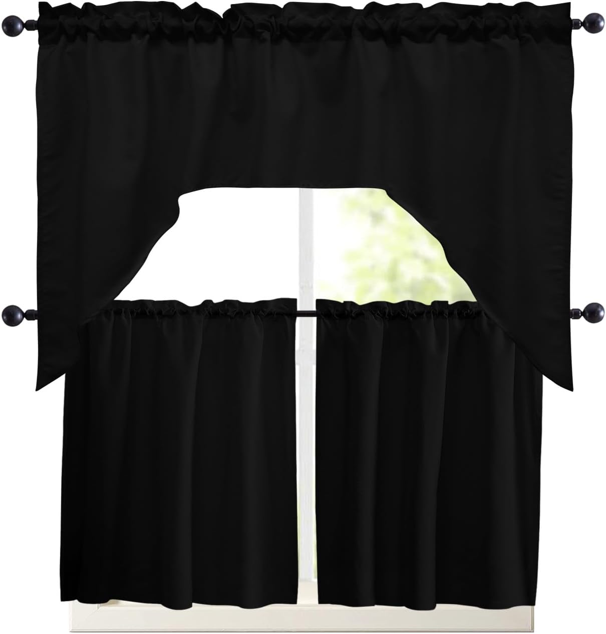 3 Pieces Swag Kitchen Curtains & Valances Set, Black Short