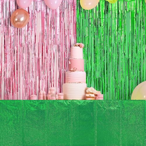 Image of 4 Pcs Iridescent Pink and Green Tablecloth Party Decorations, Holographic Foil Plastic Table Cloths for Rectangle Tables, Disposable Green and Pink Table Cover for Witch Theme Birthday Party Supplies