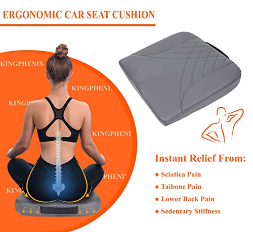 Image of kingphenix Premium Car Seat Cushion, Memory Foam Driver Seat Cushion to Improve Driving View- Coccyx & Lower Back Pain Relief - Seat Cushion for Car, Truck, Office Chair (Leather Gray)