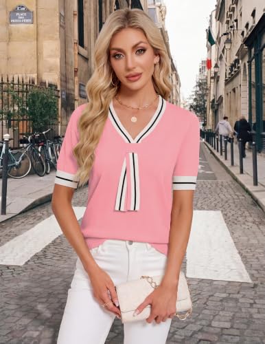 Image of Libsorge Womens Lightweight Cute Bow Tie Sweater Spring 2026 Business Casual Outfits V Neck Short Sleeve Tops