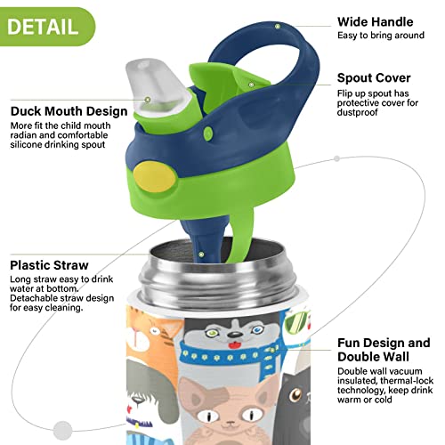 Funny Cats & Dogs Kids Water Bottle, Bpa-Free Vacuum Insulated Stainless Steel Water Bottle With Straw Lid Double Walled Leakproof Flask For Girls Boys Toddlers, 12Oz #TOP3