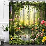 Ruelvth Enchanted Forest Shower Curtain, Nature Green Botanical Shower Curtains with Hooks Spring Floral and Leaves Waterproof Bathroom Decor, 72x72 inch