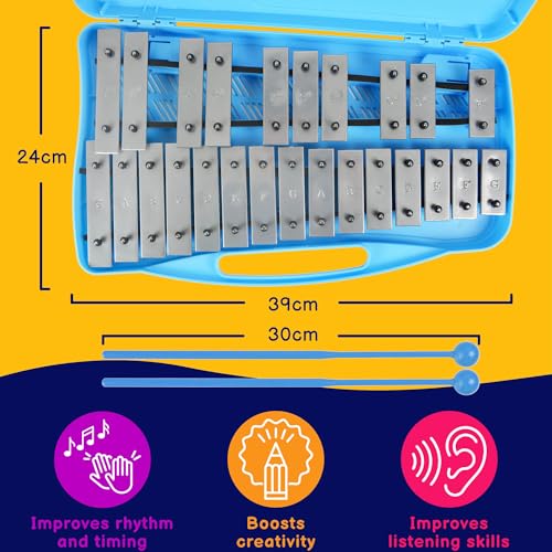 Image of A-Star 25 Note Soprano Chromatic Glockenspiel Xylophone in Blue Case with Silver Keys and Two Plastic Beaters - 2 Octaves G5 to G7