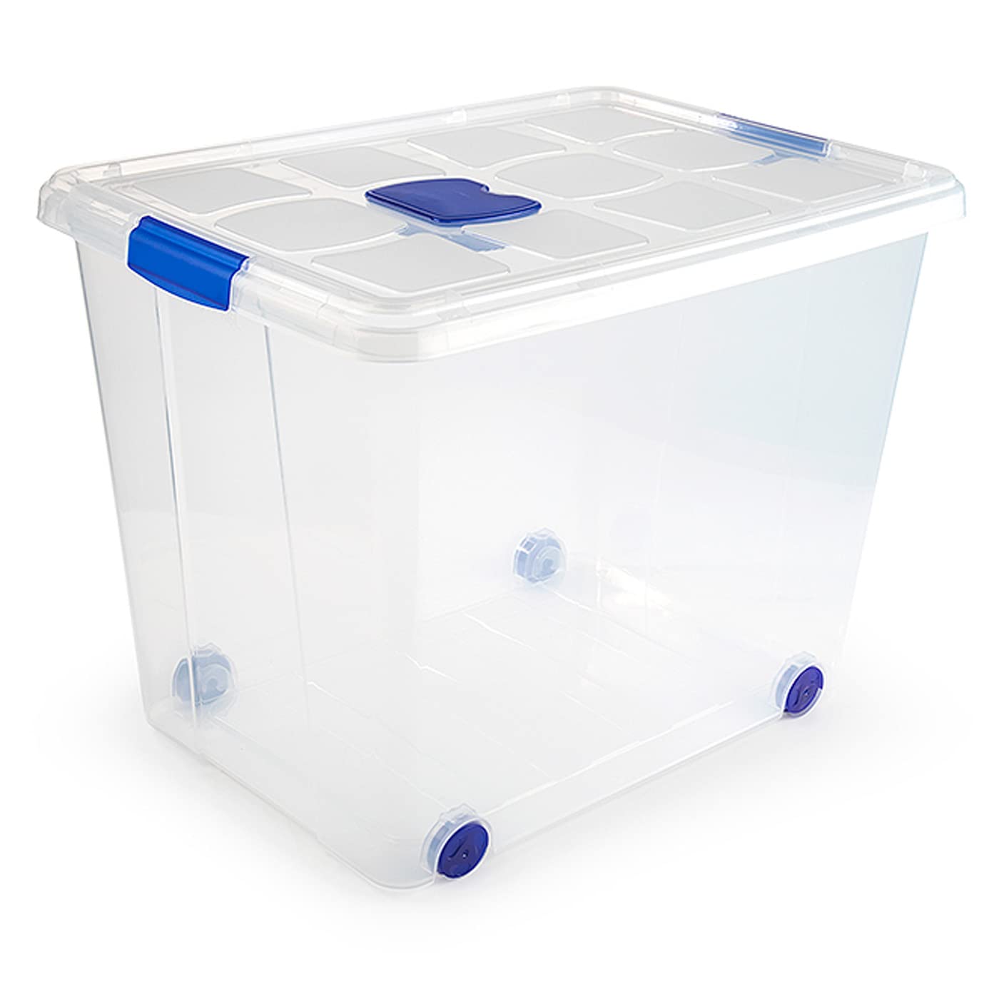 Caja de plastico transparente de almacenamiento con tapa y ruedas nº 8 con 86 litros de capacidad 46.5 x 44 x 61.5 cm