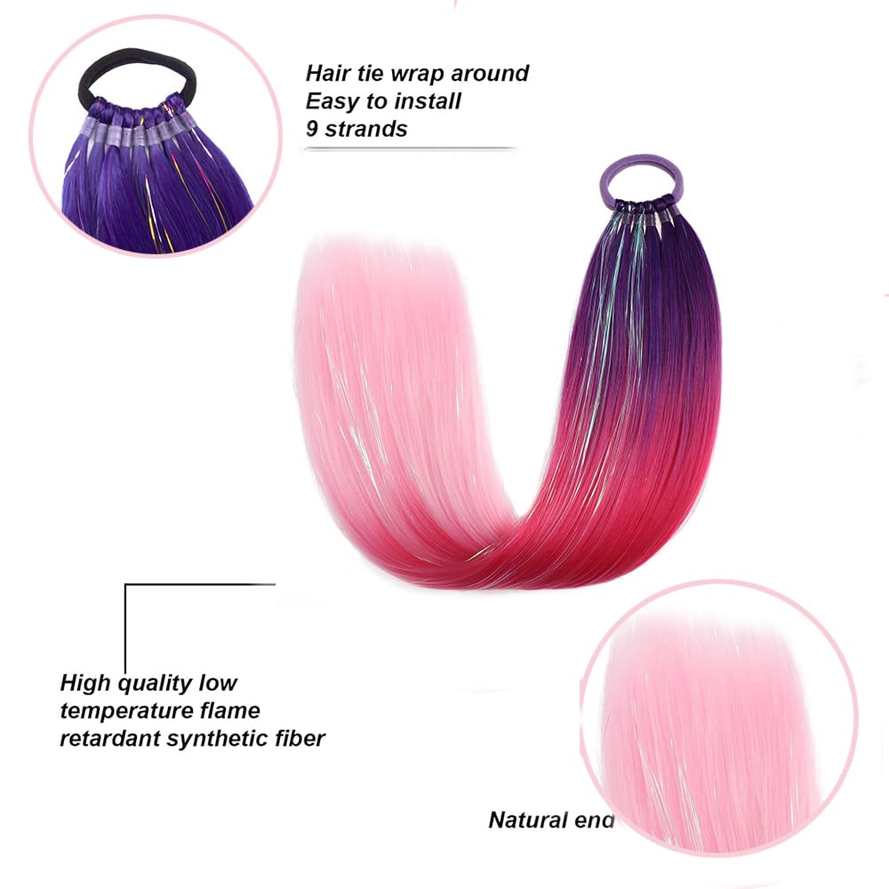 Rainbow Ponytail Extensions With Hair Tie 100g/Pack Coloured Hair Extensions for Braiding 24 inch Glitter Tinsel Hair Extension for Women Girl Kids Festival Party(Purple peach pink) - Image 3