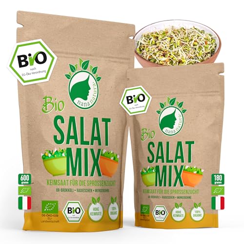 NanaNatura's Bio Salat-Mix Sprossen Samen 600g VORTEILSPACK | Keimfähiges Bio-Saatgut zur Sprossenzucht | Microgreens fürs Sprossenglas | geprüft & abgefüllt in Deutschland