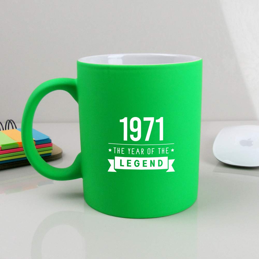 eBuyGB Fiftieth Gift for Dad Engraved Neon Green Coffee Mug-1971 Year of The Legend Design-50th Birthday, Men-310ml Tea Cup, Ceramic