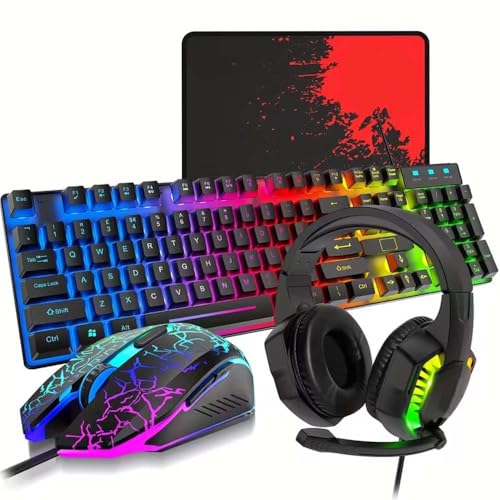 4-in-1 Gaming Bundle with RGB Rainbow LED Backlit Keyboard Mouse Headset Mouse Pad Compatible with PC